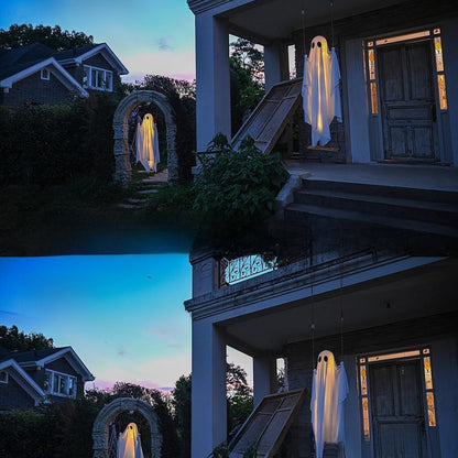 Two-panel photo showing a white ghost-shaped hanging light with a glowing face, displayed outdoors on a house porch and in a garden arch at dusk.