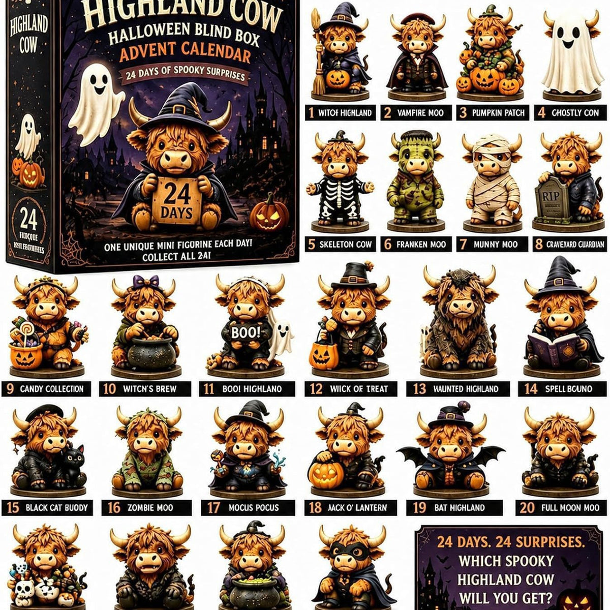 Halloween advent calendar blind box set featuring a 24-day collection of cute cartoon Highland cow figures in various spooky costumes, shown alongside the illustrated box packaging and a list of included character outfits.