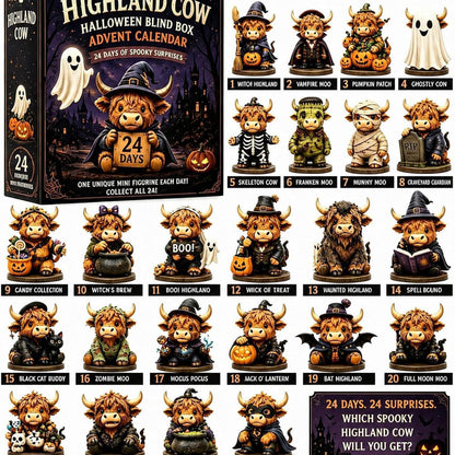 Halloween advent calendar blind box set featuring a 24-day collection of cute cartoon Highland cow figures in various spooky costumes, shown alongside the illustrated box packaging and a list of included character outfits.