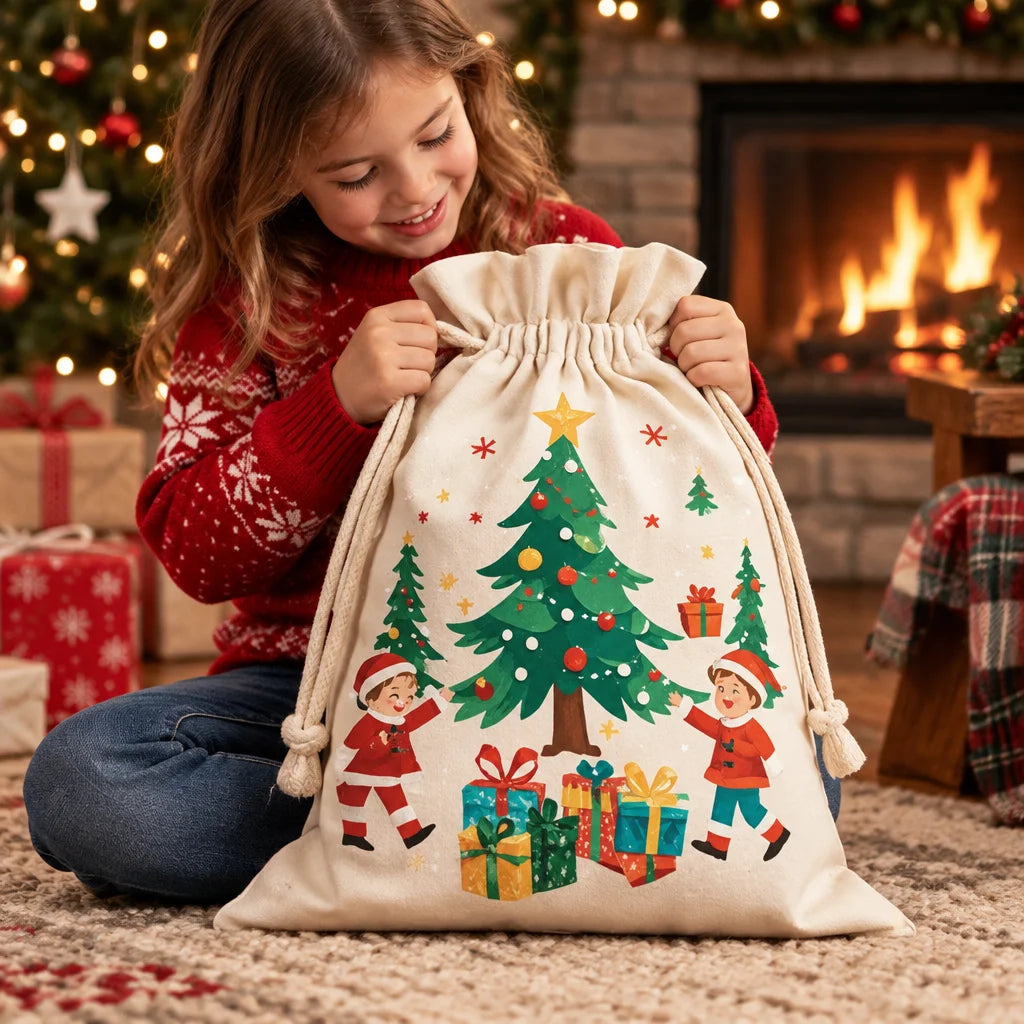 Festive Christmas cotton drawstring gift bags – holiday party favor set