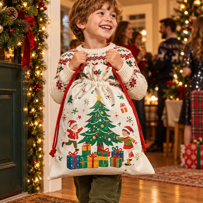 Festive Christmas cotton drawstring gift bags – holiday party favor set