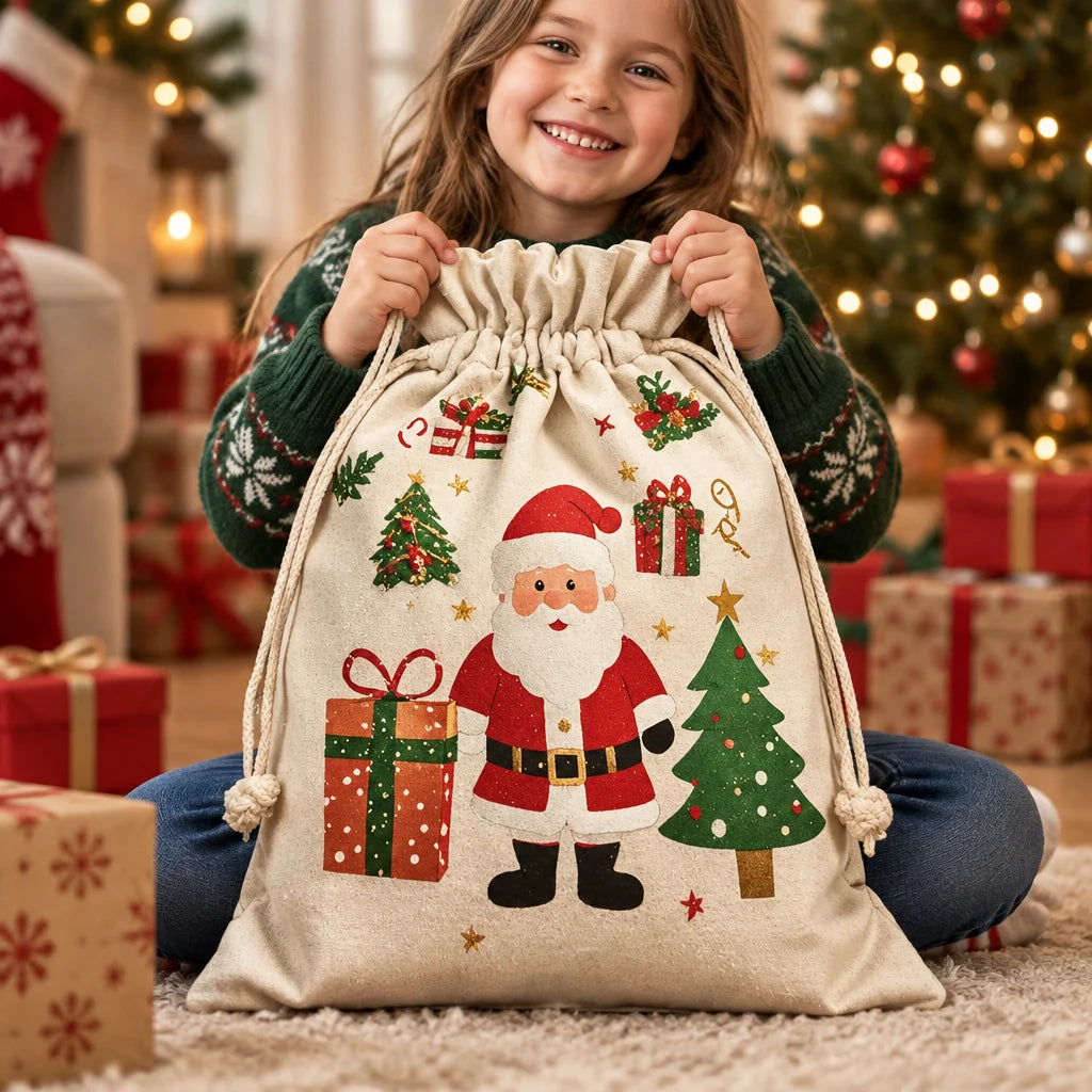 Festive Christmas cotton drawstring gift bags – holiday party favor set