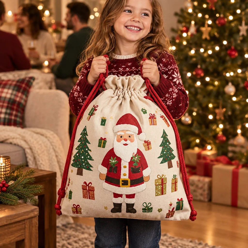 Festive Christmas cotton drawstring gift bags – holiday party favor set