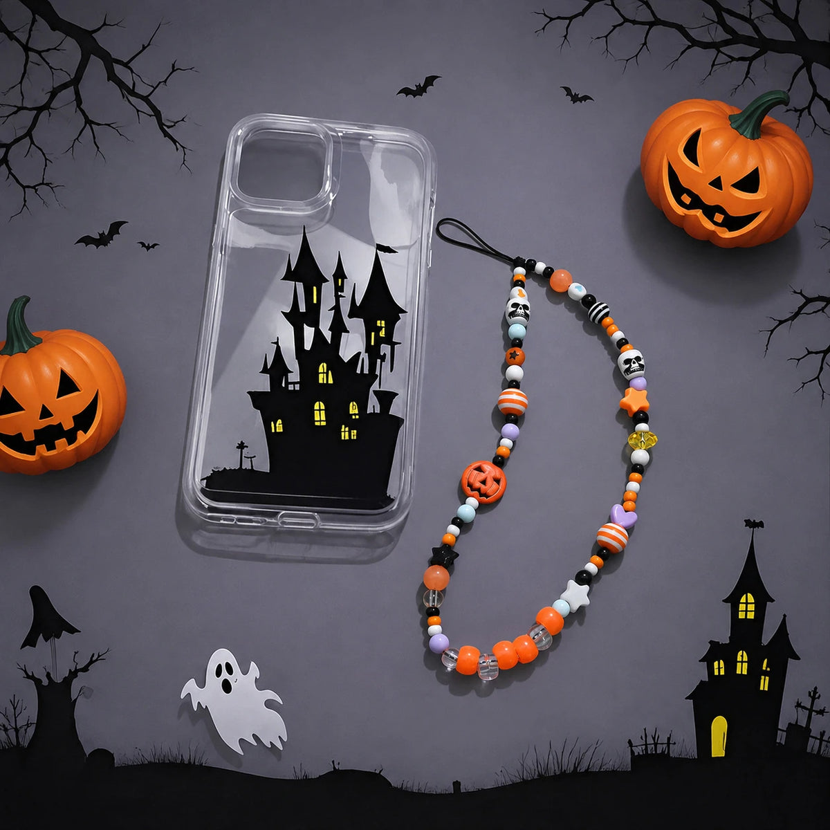 Pumpkin skull beaded Halloween phone charm chain
