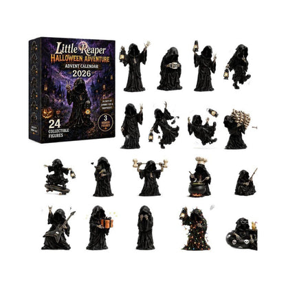 Little Reaper Halloween Advent Calendar 2026 set, featuring a dark illustrated box and 24 small black collectible figurines of hooded reaper characters in various poses, shown on a plain white background.