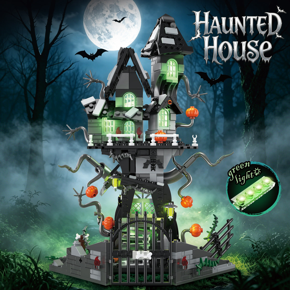 Toy haunted house set with green light feature against a spooky Halloween background.