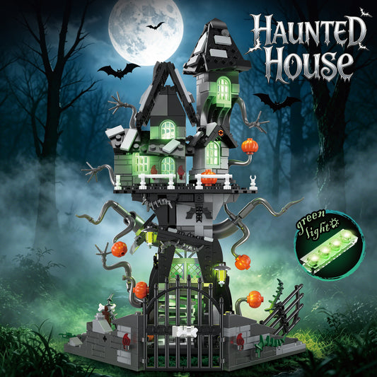 Toy haunted house set with green light feature against a spooky Halloween background.