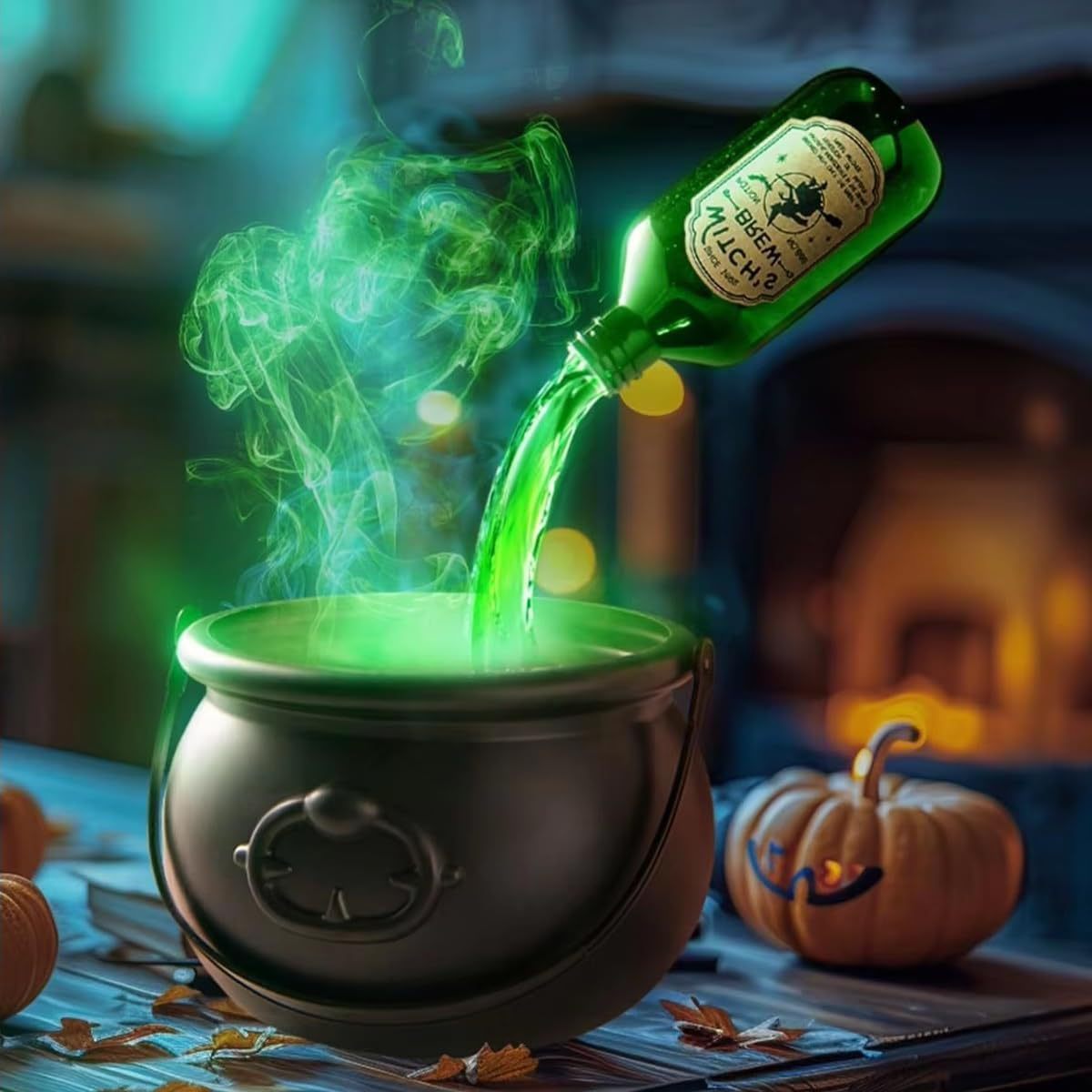 Green liquid being poured from a bottle into a cauldron with smoke, surrounded by pumpkins and books on a table.
