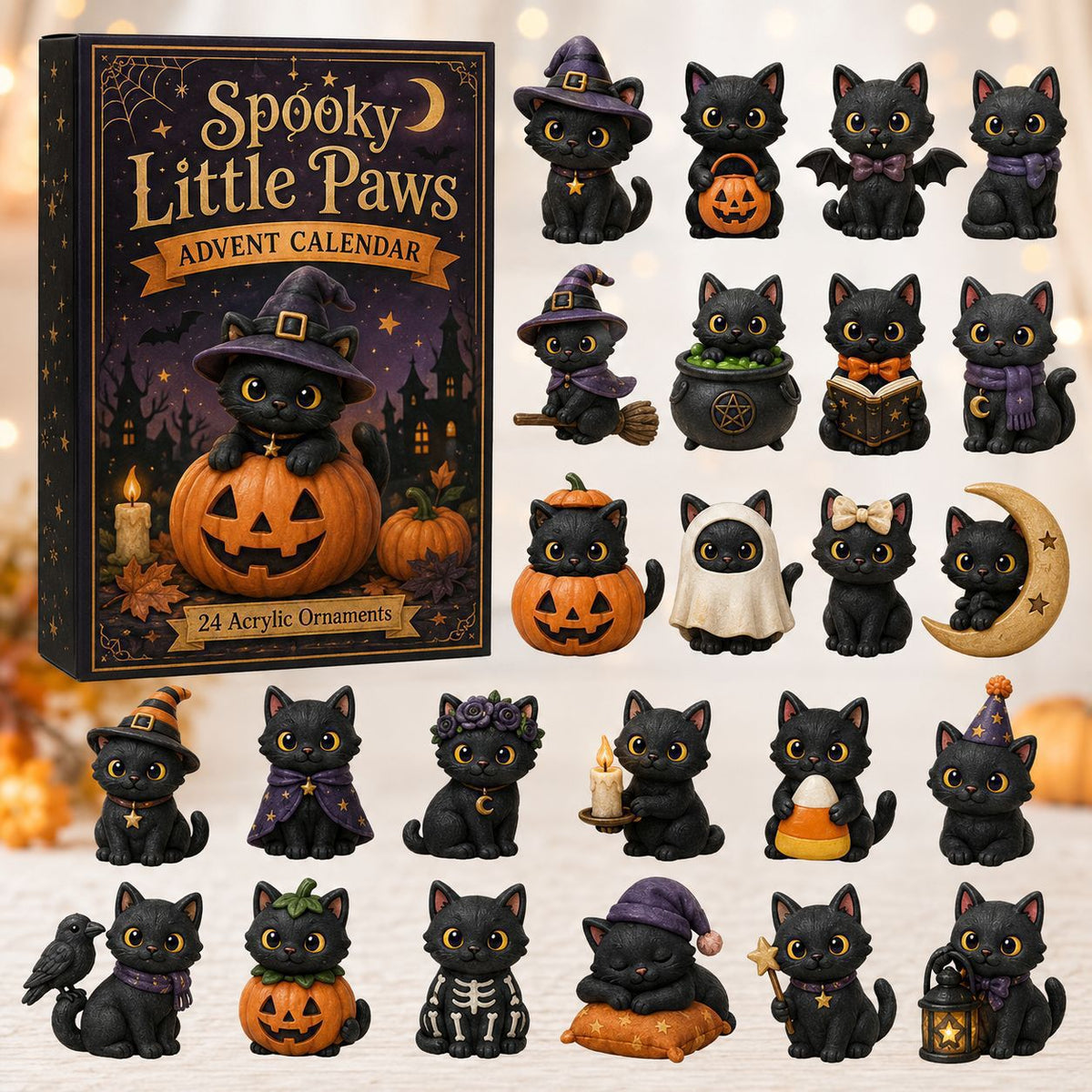 Spooky Little Paws Advent Calendar set with a black box featuring a cartoon cat and pumpkin illustration, plus 24 small black cat acrylic ornaments in various Halloween costumes arranged on a light background.