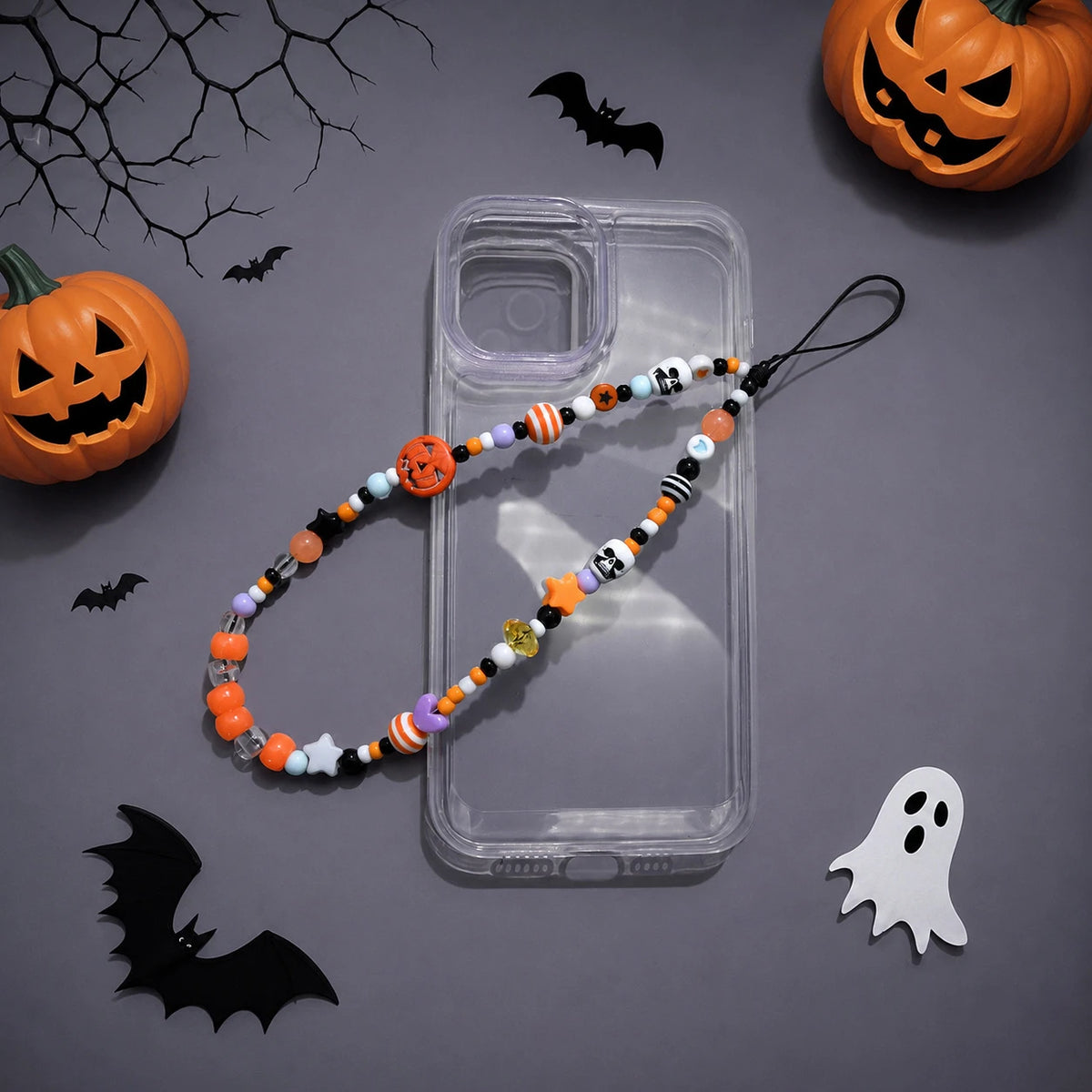 Pumpkin skull beaded Halloween phone charm chain