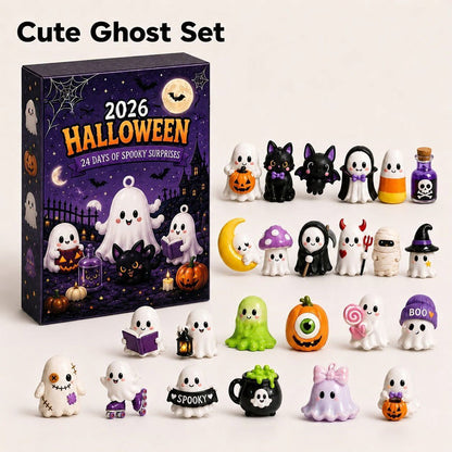 A Halloween-themed mini figure set labeled 'Cute Ghost Set' with a purple illustrated box and multiple small ghost, pumpkin, potion, mummy, moon, and witch figurines arranged on a light beige background.