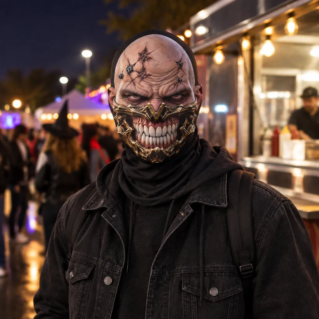 A person at a nighttime street or fair setting wearing a highly detailed, scary mask with a stitched grin, black clothing, and a backpack. Food trucks and blurred people are visible in the background.