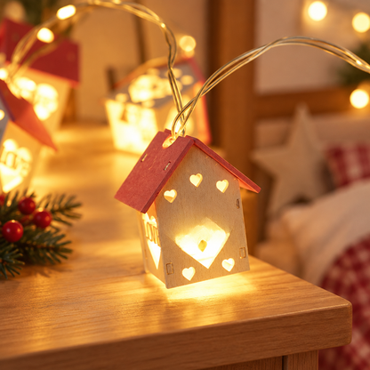 New LOVE House design of the USB Christmas string lights glowing on a festive shelf.