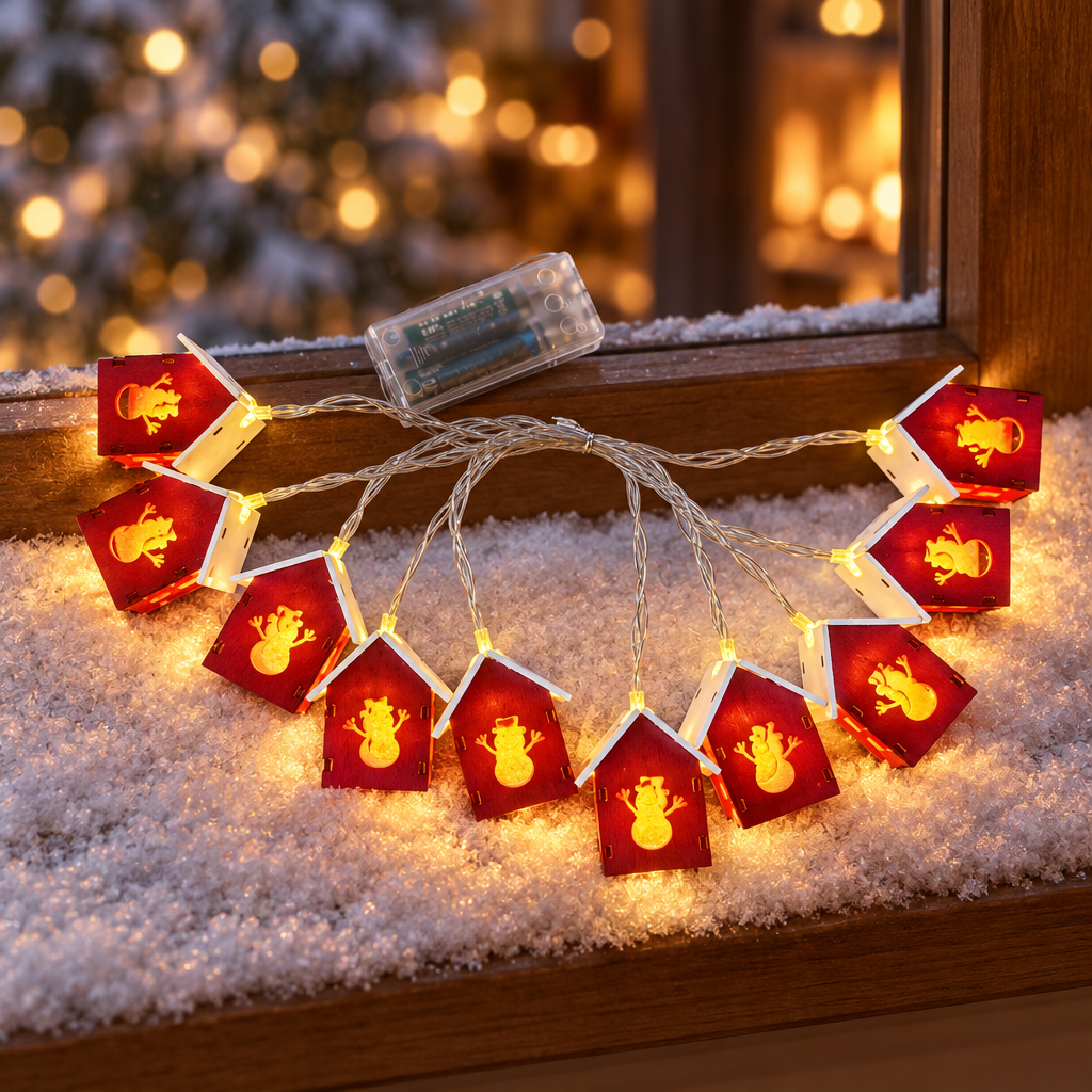 New Snowman Small House design of the USB Christmas string lights glowing on a winter windowsill.