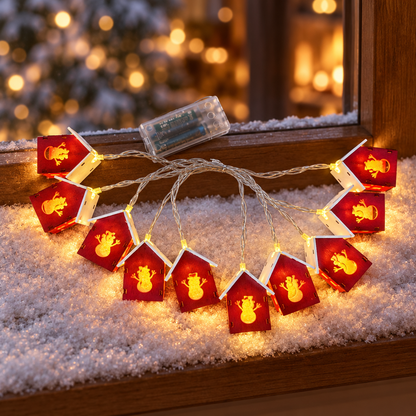 New Snowman Small House design of the USB Christmas string lights glowing on a winter windowsill.