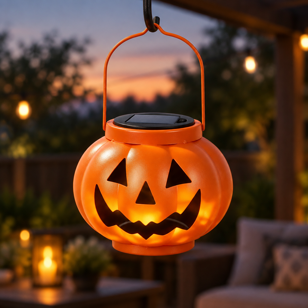 Another solar iron pumpkin lantern face style hanging on patio at dusk