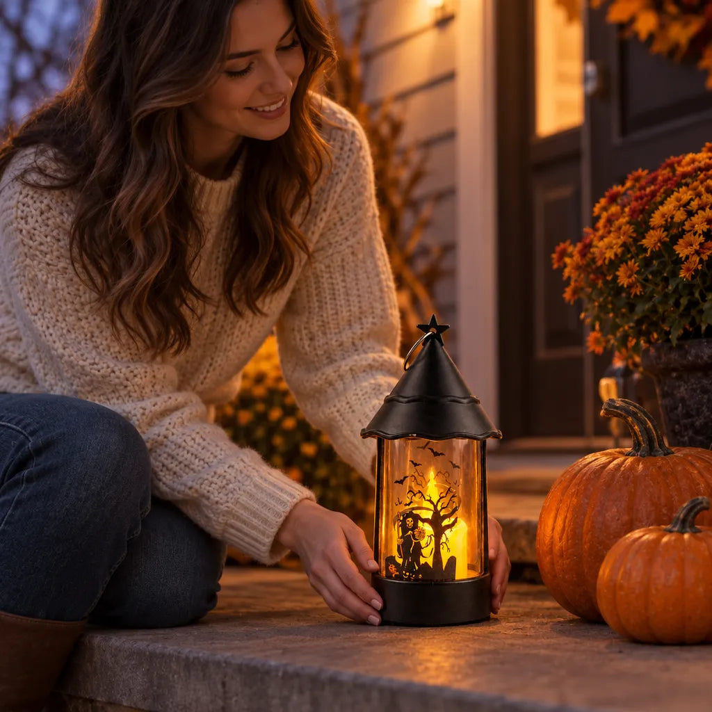 A woman in a cream knit sweater kneels beside a lit black lantern with a Halloween scene inside, placed on a stone porch next to pumpkins and flowers at dusk.