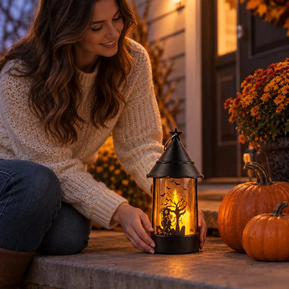 A woman in a cream knit sweater kneels beside a lit black lantern with a Halloween scene inside, placed on a stone porch next to pumpkins and flowers at dusk.