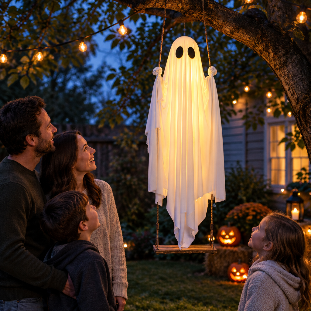 Family viewing glowing swing ghost ornament in a backyard
