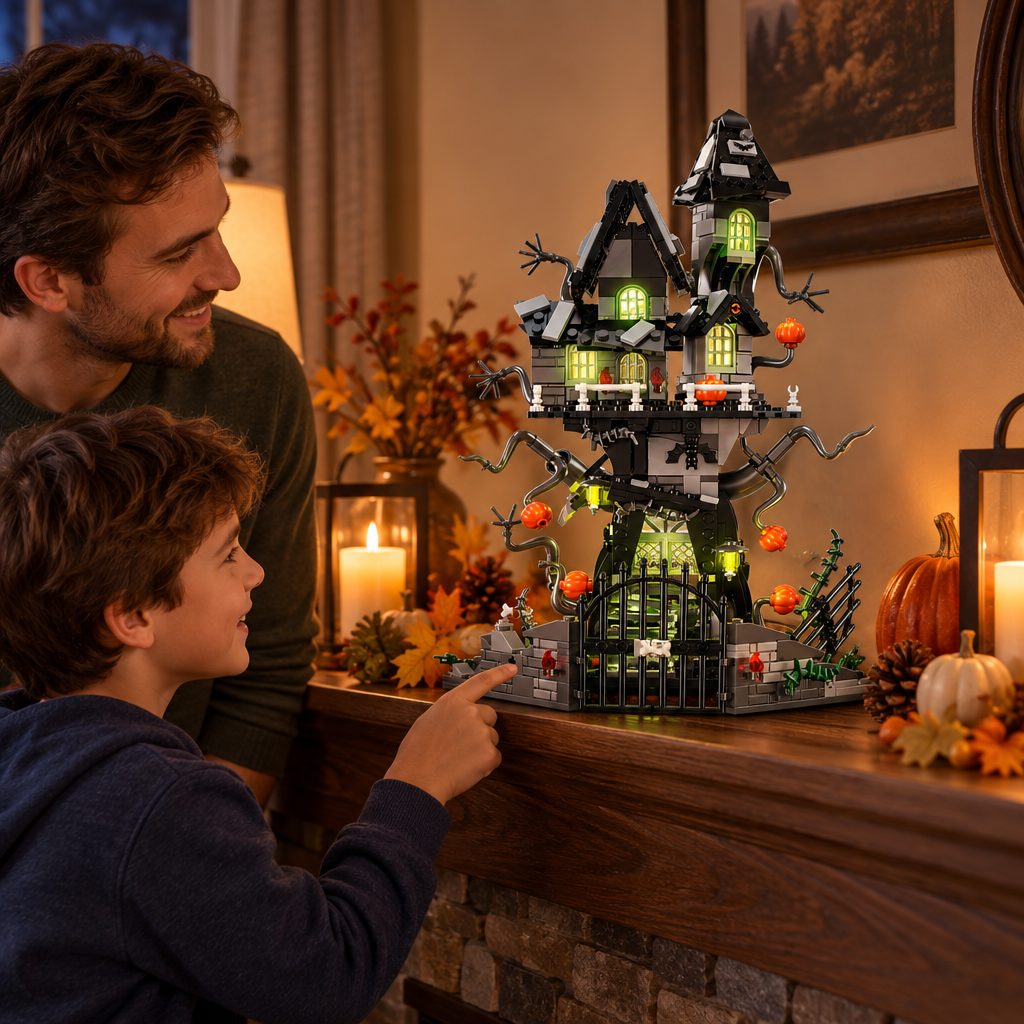 Adult and child displaying pumpkin haunted house block castle