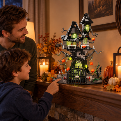 Adult and child displaying pumpkin haunted house block castle