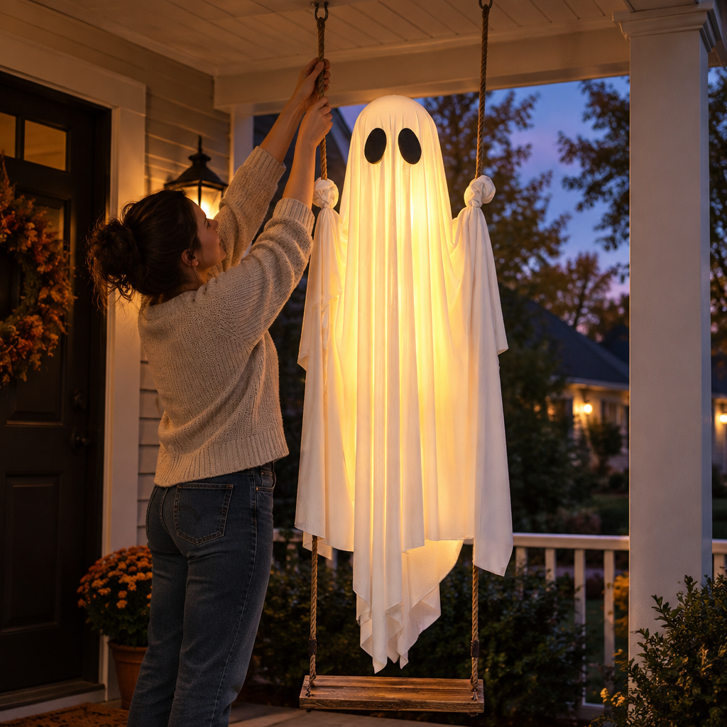 Person hanging glowing swing ghost ornament on a porch at dusk