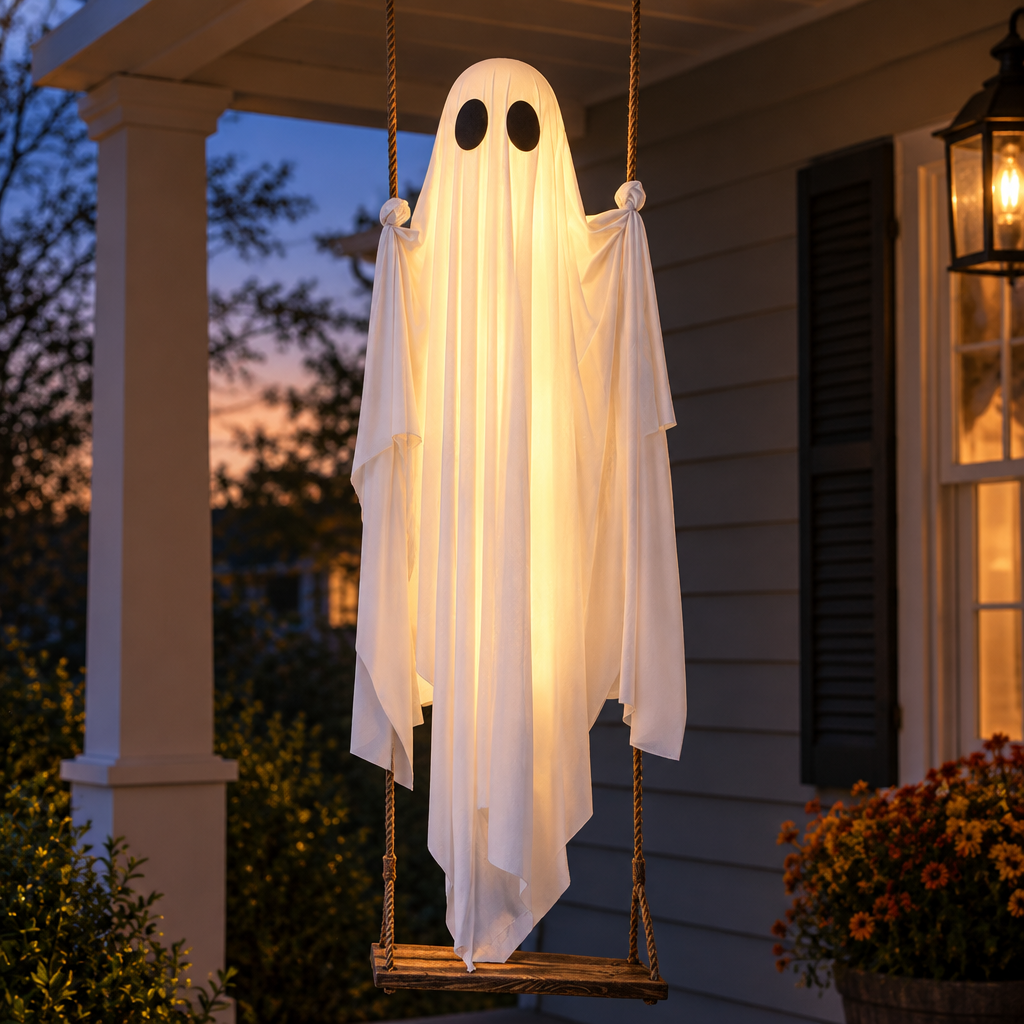 Glowing swing ghost ornament hanging on a porch at dusk