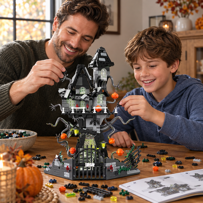 Parent and child building Halloween pumpkin haunted house blocks together