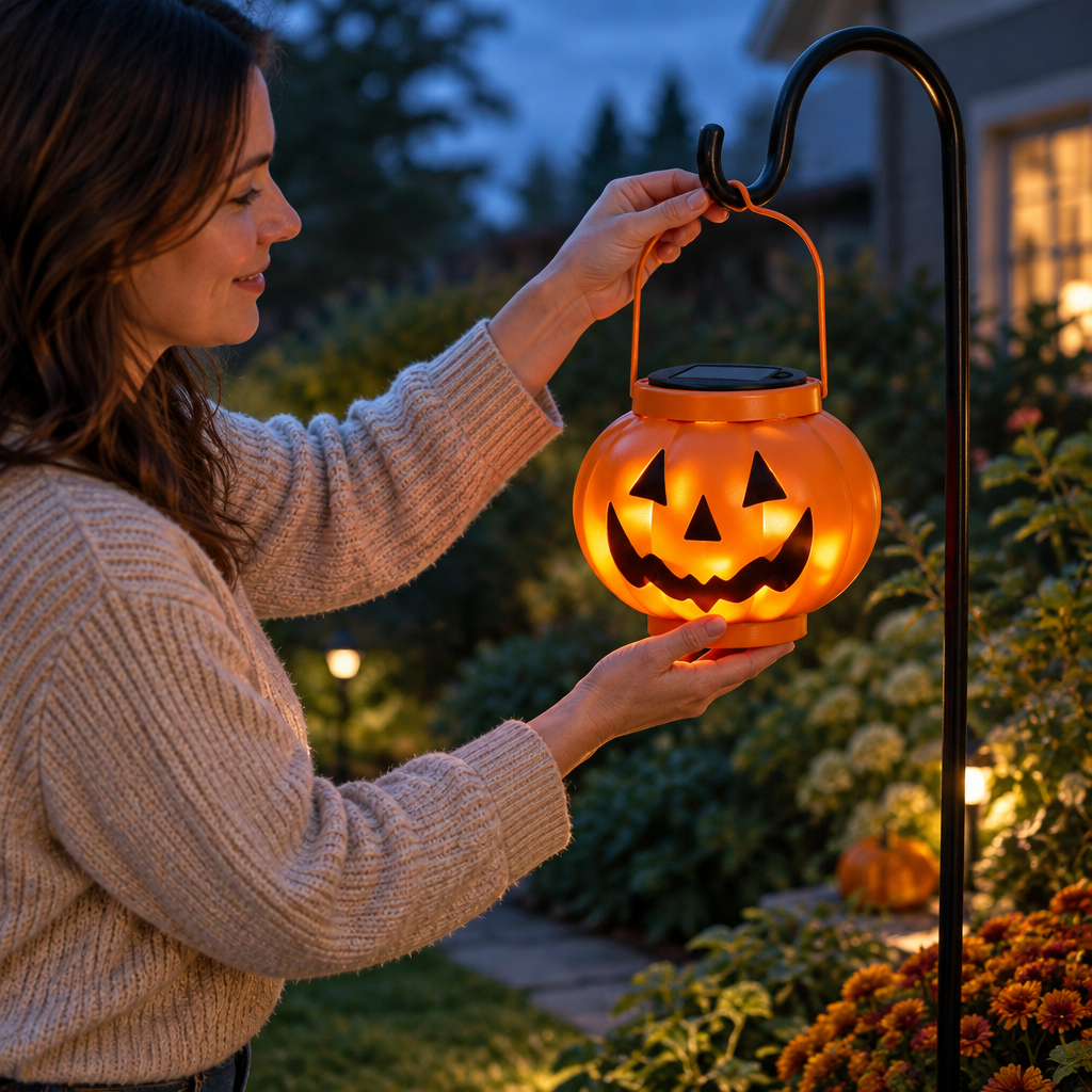 Person hanging solar pumpkin lantern in a garden at dusk
