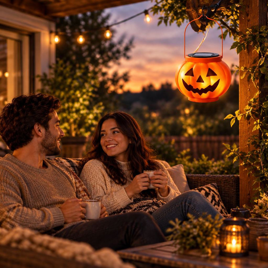 People enjoying solar pumpkin lantern on a patio at dusk