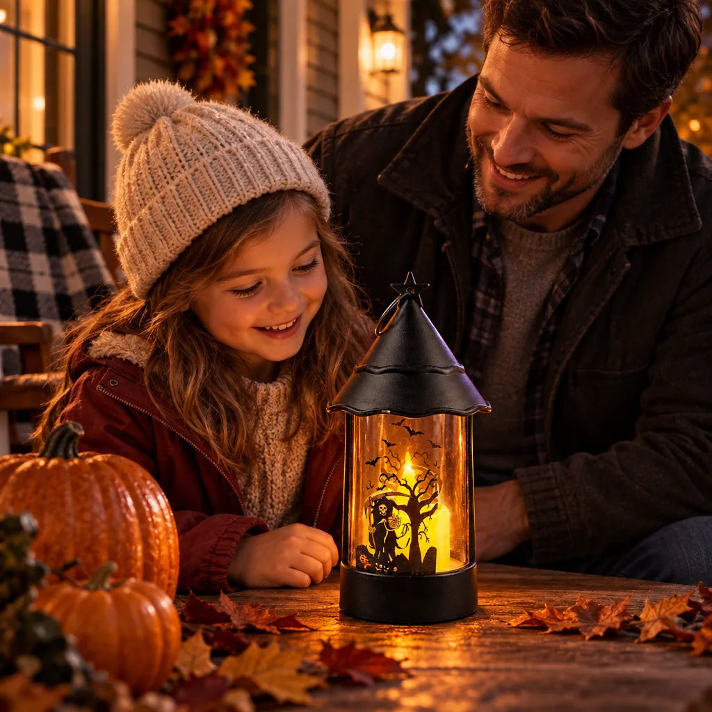 A man and a young girl smile at a glowing Halloween lantern on a porch table, surrounded by pumpkins, autumn leaves, and warm fall lighting.