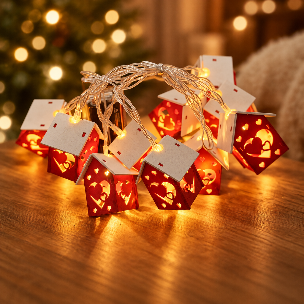 New Heart Small House design of the USB Christmas string lights glowing in a romantic holiday corner.