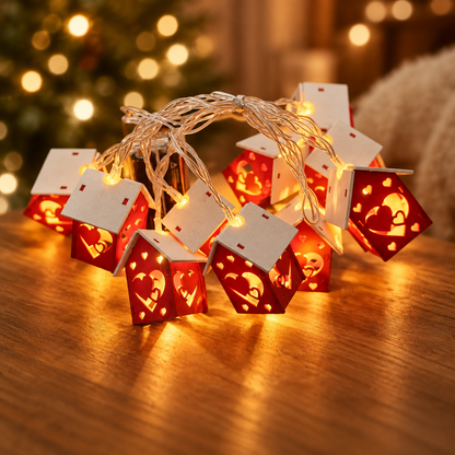 New Heart Small House design of the USB Christmas string lights glowing in a romantic holiday corner.