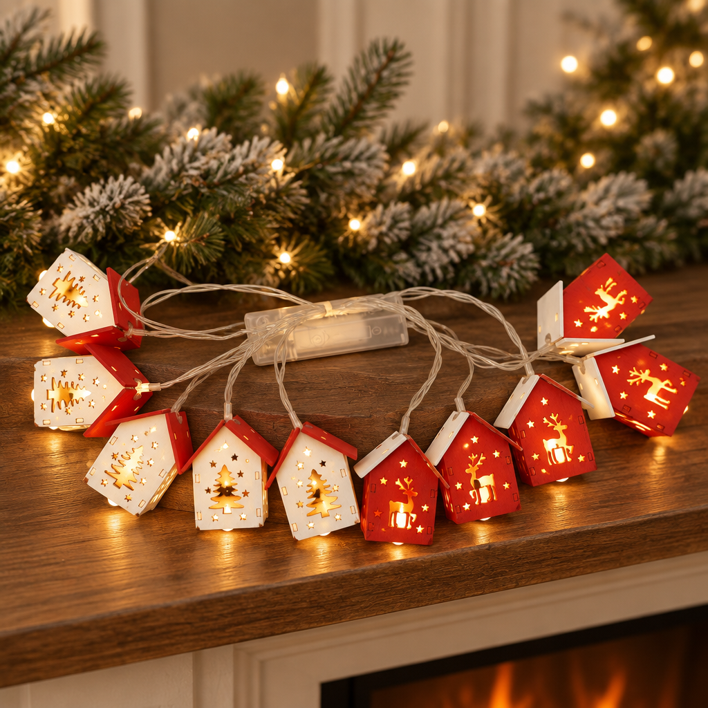 Christmas Tree Small House design of the USB Christmas string lights glowing in a cozy holiday scene.
