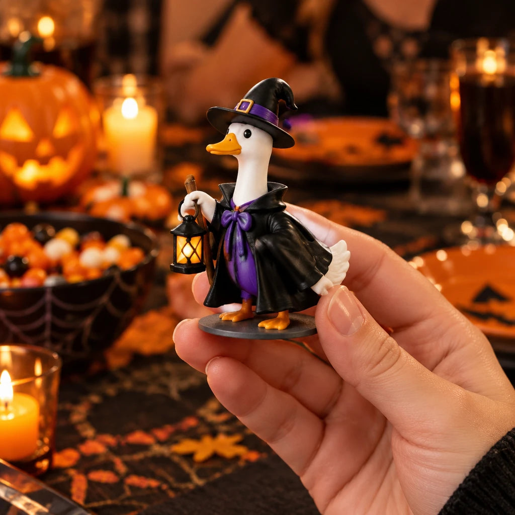 A hand holds a small decorative duck figurine dressed as a witch, wearing a black hat and cape with a purple sash and holding a lantern, against a blurred Halloween-themed table background with candles, pumpkins, and plates.