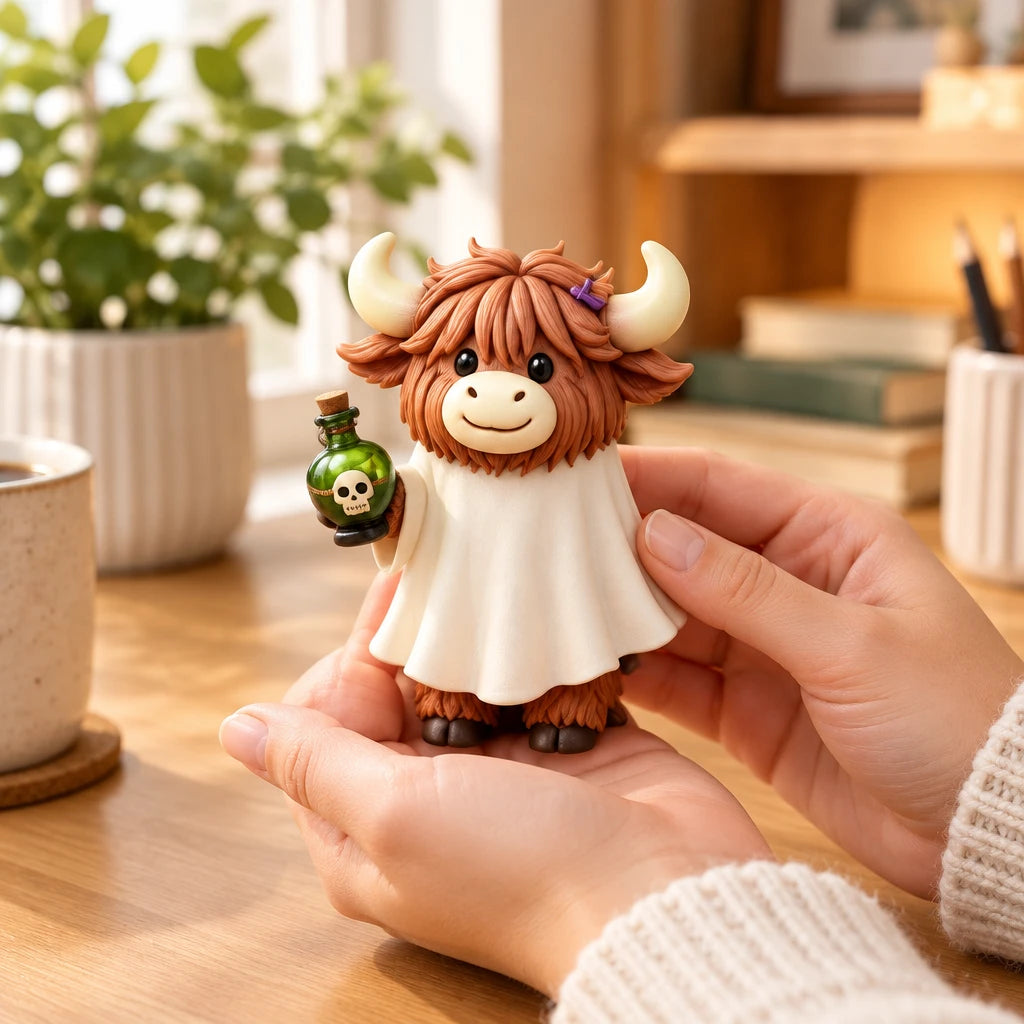 A small Highland cow figurine with brown fur, cream horns, and a white robe is being held in two hands over a wooden table. The figurine holds a small green potion bottle with a skull.