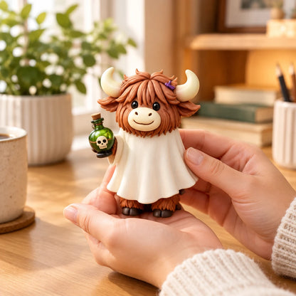 A small Highland cow figurine with brown fur, cream horns, and a white robe is being held in two hands over a wooden table. The figurine holds a small green potion bottle with a skull.