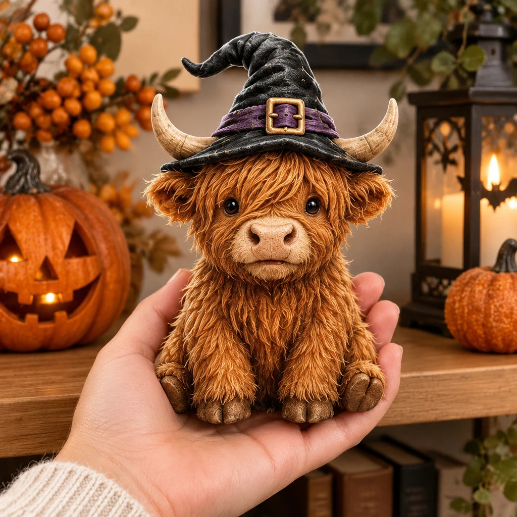 A small Highland cow figurine wearing a black witch hat with gold and purple accents, held in a person's hand against a cozy Halloween-themed background with pumpkins and a lantern.