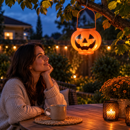 Person relaxing near hanging solar pumpkin lantern in backyard at dusk