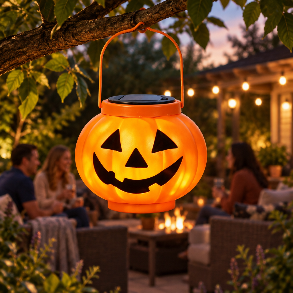 Smiley face solar lantern hanging in a patio garden at dusk with people nearby