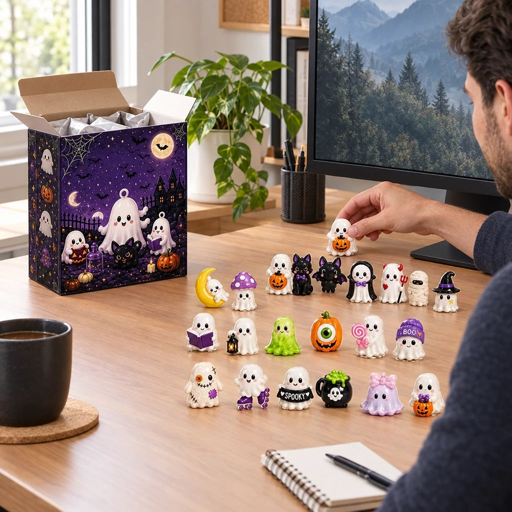 A person at a desk arranging small Halloween ghost figurines in front of an open decorative box. The scene includes a mug, notebook, plant, computer monitor, and framed wall art in a real indoor environment.