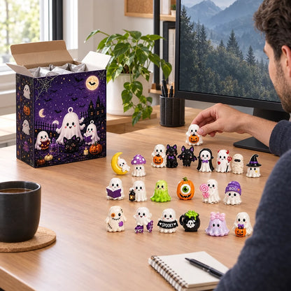 A person at a desk arranging small Halloween ghost figurines in front of an open decorative box. The scene includes a mug, notebook, plant, computer monitor, and framed wall art in a real indoor environment.