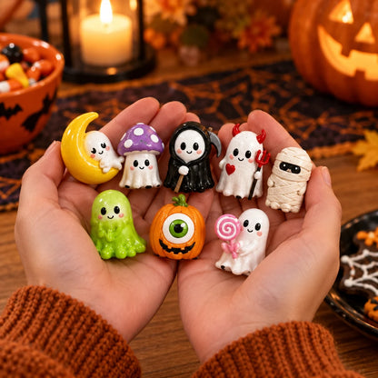 A pair of hands holding a collection of eight small, cute Halloween-themed figurines, including a grim reaper, ghosts, a mummy, a moon, and a one-eyed pumpkin, set against a cozy, warmly lit autumnal background with candles and a jack-o'-lantern.