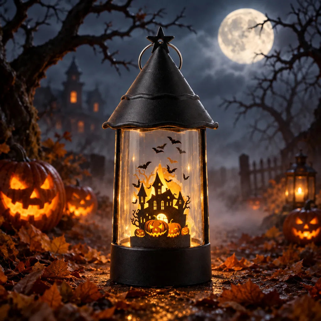 A black metal Halloween lantern with a clear glass body stands on a leaf-covered ground at night, lit from within by a haunted-house scene with bats and jack-o'-lanterns. Pumpkins, bare trees, and a full moon are visible in the background.