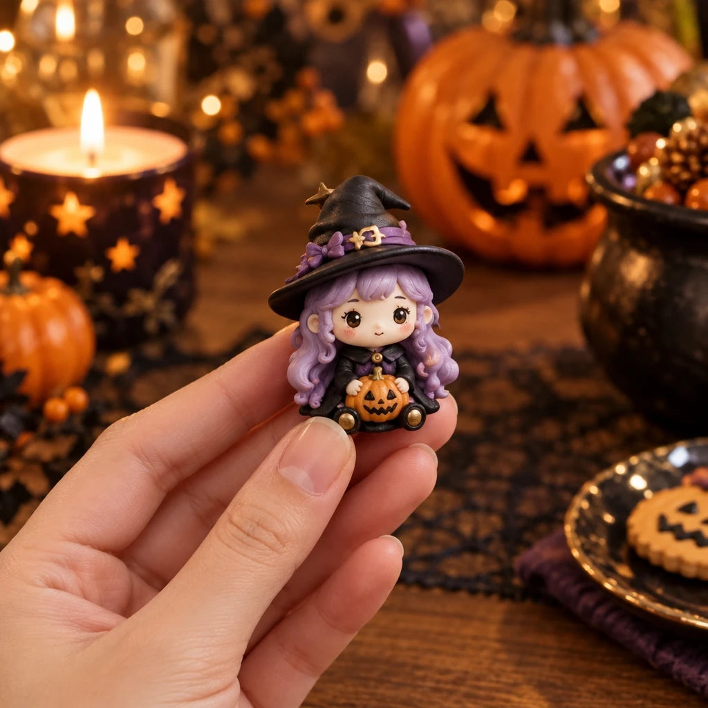 A hand holds a small Halloween witch figurine with purple hair, a black hat, and a pumpkin, set against a warm, decorated autumn background with pumpkins and candles.