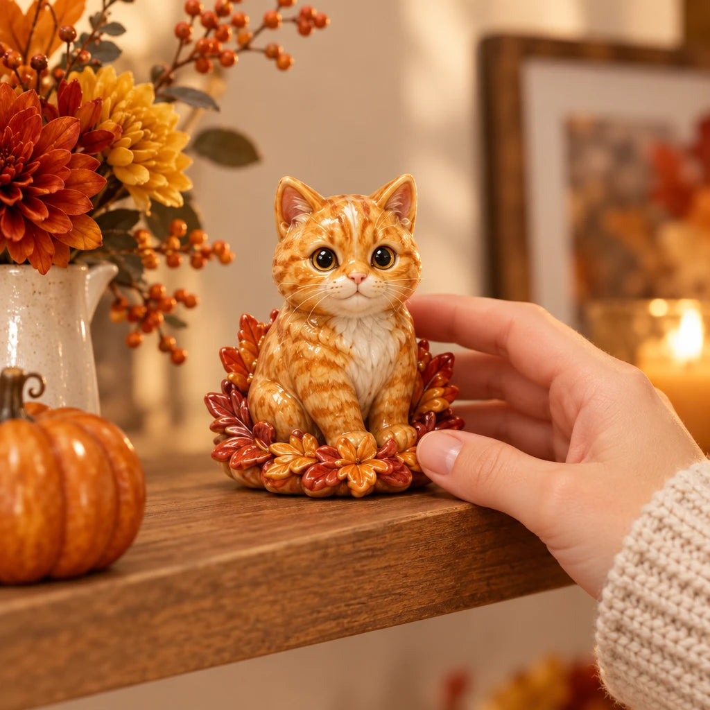 An orange tabby cat figurine sitting on a decorative base of autumn leaves, displayed on a wooden shelf with a hand adjusting it. The scene is decorated with a small pumpkin, a vase of orange and yellow flowers, and warm candles in the background.