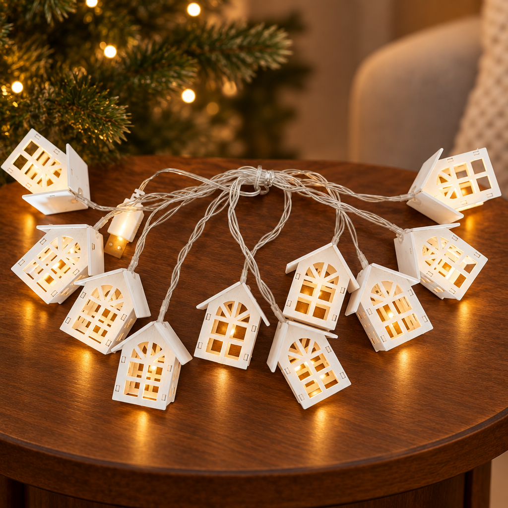 White House Small design of the USB Christmas string lights glowing on a festive side table.