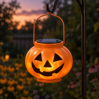 Solar iron pumpkin lantern face style hanging in garden at dusk