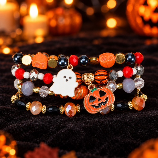 Close-up of Halloween bracelet bead and pendant style on dark velvet