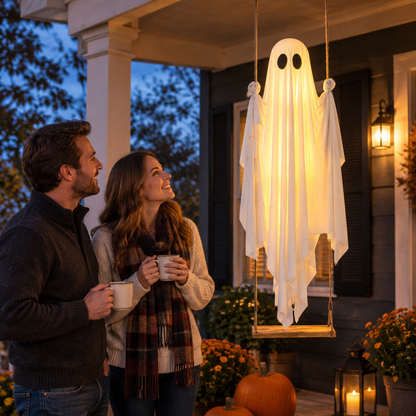 Couple enjoying glowing swing ghost ornament on a porch